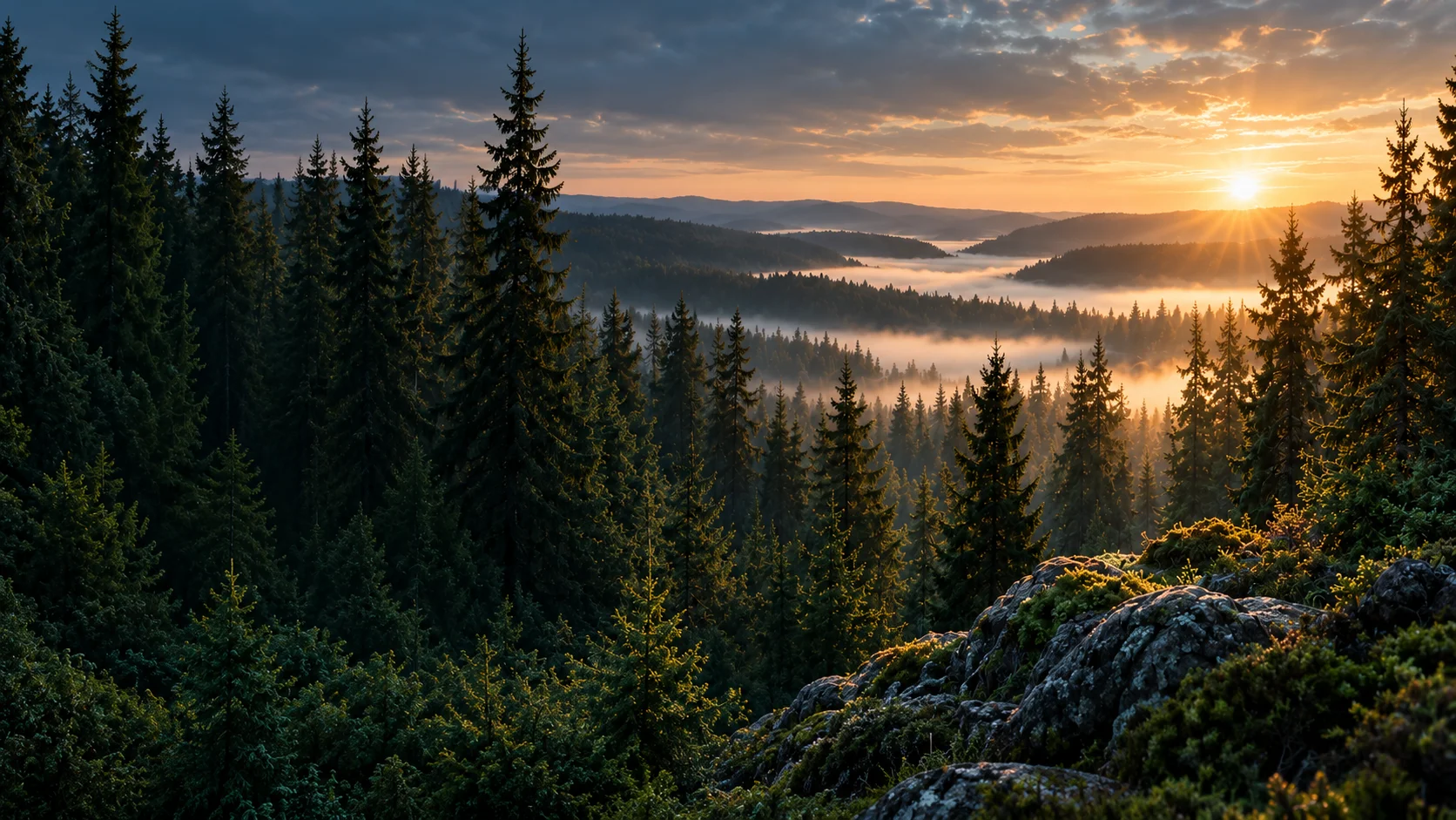 Granskog, dimma och gryningsljus